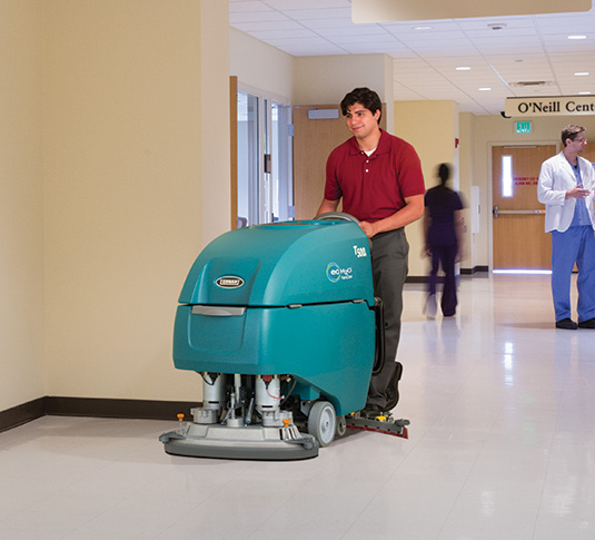 Tennant T500e Walk-Behind Floor Scrubber cleaning in a hospital